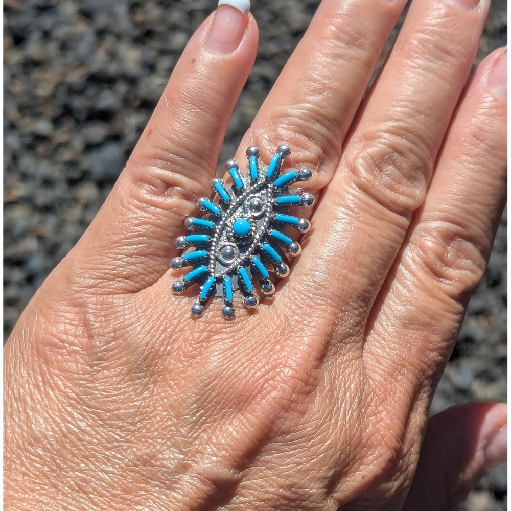 Zuni Ring Turquoise Cluster‎ Auth Native American Handmade Jewelry sz 9.5 **